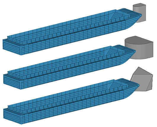computer model of barge hitting three different pier shapes