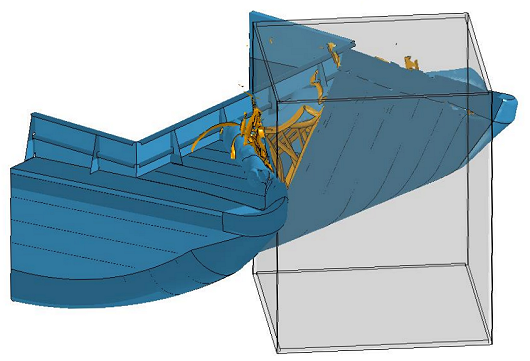 computer model of barge striking a square pier on the corner